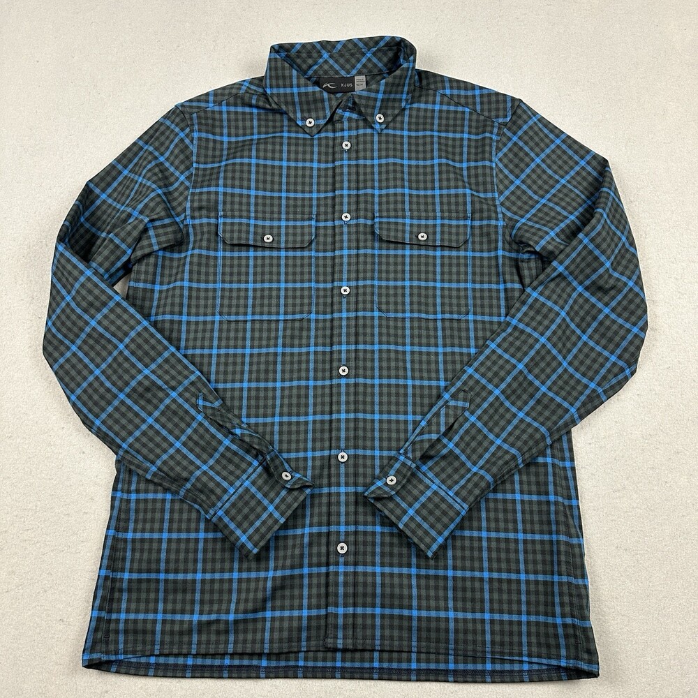 Kjus Shirt Men Medium Blue Gray Plaid Button Up Long Sleeve Flap Pockets M